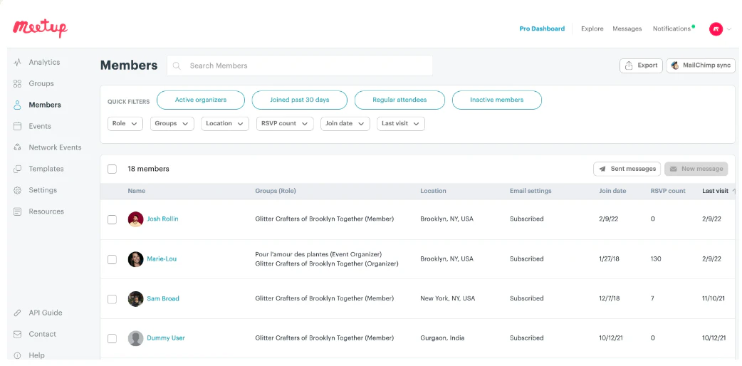 screenshot of Meetup Pro